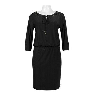 NINE WEST Mini Black Dress Gold Grommets Size 10 3/4 Sleeve Stretch Cinched Tie